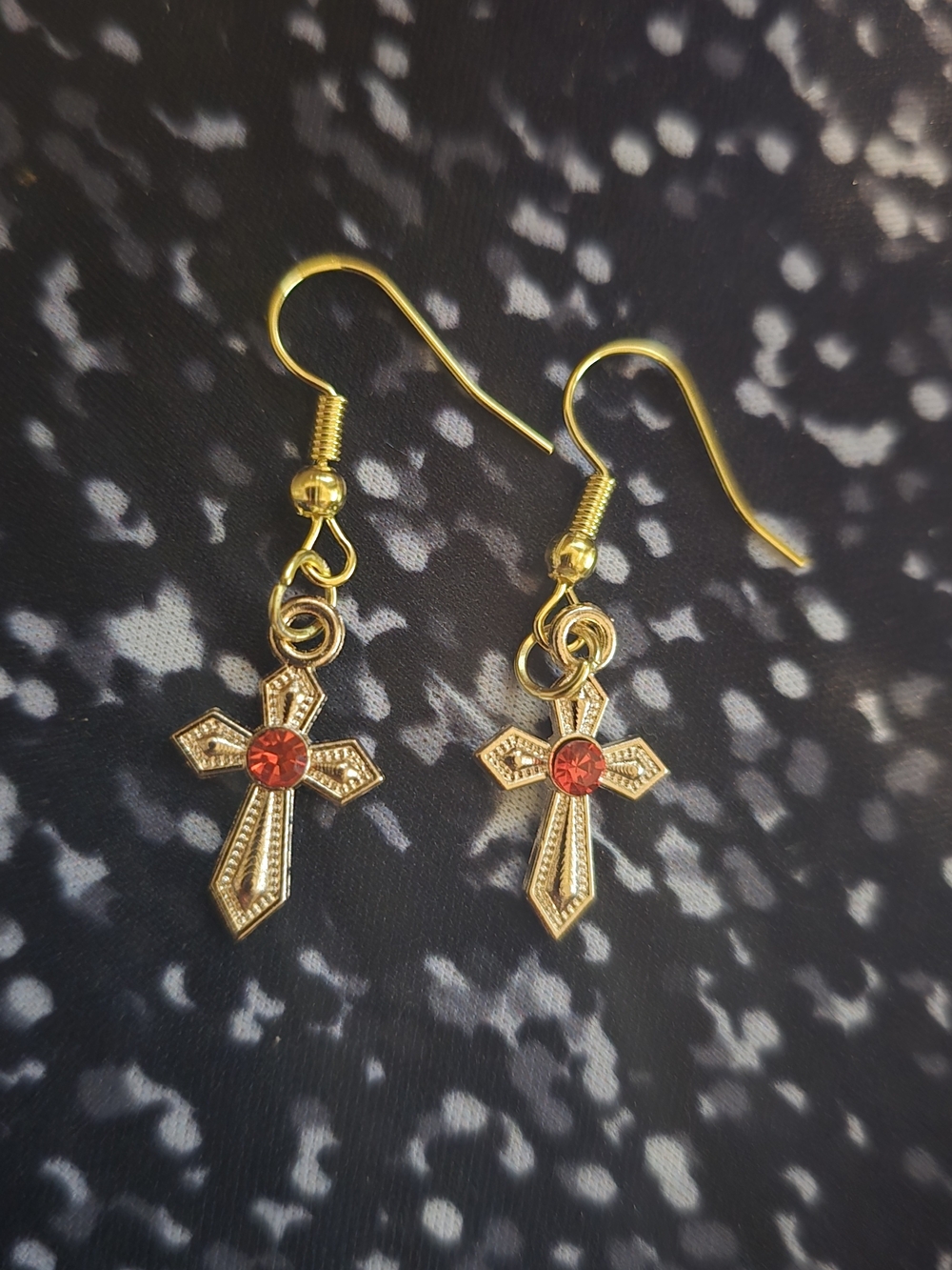 Gold Cross Drop Earrings with Red Gem Accent